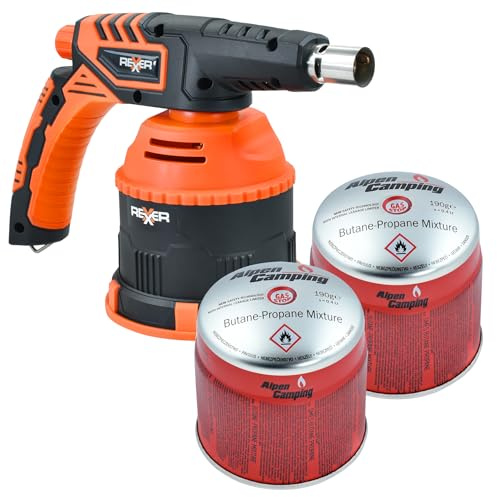 REXXER Premium Gasbrenner Set mit 2 Alpen Camping Kartuschen | 1200 W, gummierter Griff, Piezozündung, 2 Propan-Butan Kartuschen 190 g