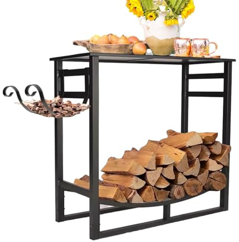 Robustes Kaminholzregal mit Tischplatte und Haken, Holz-Organizer für drinnen und draußen, rechteckig, Kamin-Beistelltisch, 120 cm breit