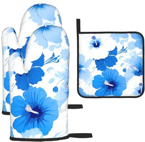 YYHHAOFA Lot de 3 maniques de cuisine imperméables et durables pour éviter les brûlures et l'isolation thermique, motifs fleurs hawaïennes bleues