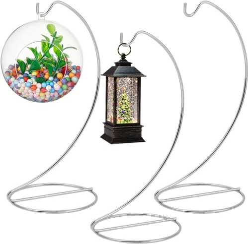 Jaczora Pack of 3 Silver Curved Iron Wire Ornament Display Stands, Hanging Hook Holder Rack for Glass Baubles, Mini Lanterns, Air Plant Terrariums & Witch Ball DIY Craft Decorations