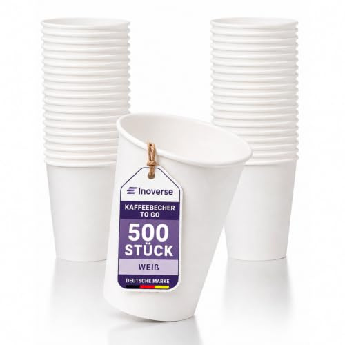 Inoverse Pappbecher 200 ml, 500 Stück, Weiß, Kaffeebecher to Go | 8 oz Papierbecher, Einwegbecher, Trinkbecher, Tee, Kaffee und weitere heiße oder kalte Getränke, für Büro, Catering und Kiosk