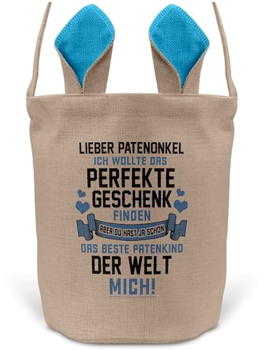 22Feels Ostern Geschenk Patenonkel Pate Osterkorb mit Henkel Tragetasche Deko Osternest Körbchen Hasenohren (Beige/Blau)
