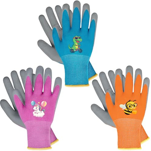 BIOECEUA 3 pares de guantes de jardinería para niños de 8 a 10 años, guantes de trabajo de jardinería revestidos de goma, guantes de trabajo de jardinería transpirables para niños pequeños y niñas