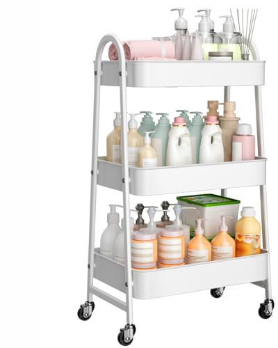 StowBin 3 Tier Metal Storage Trolley with Wheels – Rolling Utility Cart with Handle and Mesh Shelves for Kitchen, Bathroom, Office – White