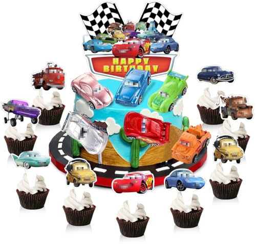 Cars Tortendeko, 23 Stück Car Geburtstags Kuchen Dekoration mit 6 Spielzeug Auto, Auto Cake Topper Kinder, Cars Cupcake Topper Deko, Decorazioni Torta Cars, Geeignet für Geburtstagsfeiern Versammlunge