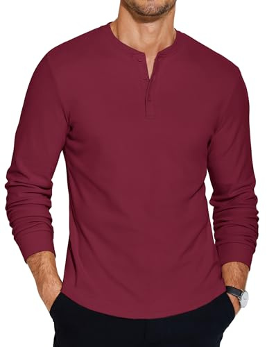 COOFANDY Camisas Henley de manga larga para hombre, camisetas casuales con botones, rojo oscuro, 3XL