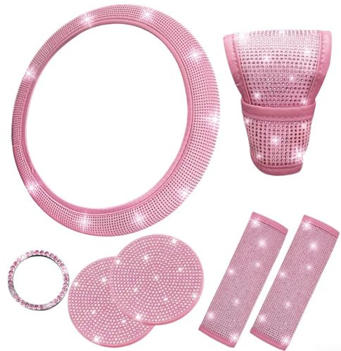 Set completo di coprivolante con strass e accessori per auto, con copertura del cambio e copri cintura di sicurezza per un maggiore comfort (rosa)