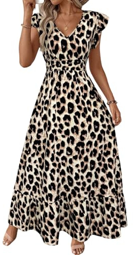 SweatyRocks Leo Kleid Damen Sommer Maxikleid Elegant Kleid Mit V Ausschnitt Festlich Sommerkleid A Linie Strandkleider Lang Rüschenkleid Leo L