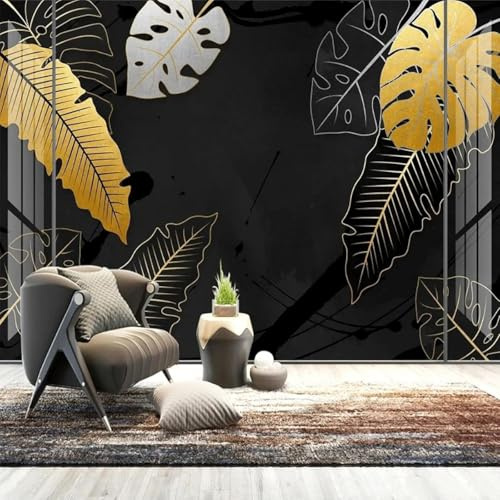 XLMING Black Art Golden Plant Leaf 3D Wallpaper for Adults Decorative Silk Look Study Dining Living Room Bedroom Sofa TV Wall-430cm×300cm