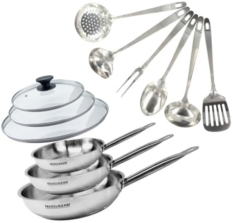 Fackelmann Set mit 3 Edelstahlpfannen, Deckeln und 6 Edelstahlutensilien | 3 Pfannen 20 24 28 cm, Edelstahl 18/8 und Glas, 3 Deckel, Induktion, Gas, Vitro, Backofen, Geschirrspüler, PFAS-frei