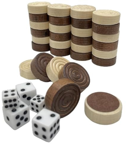 30 Pieces Wooden Backgammon Checkers Replacement Set Checker Board Games Playing Game Chips with 5 Dice Come with Drawstring Storage Pouch (Brown&Beige 0.94 inch)