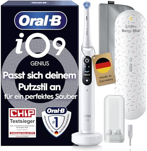 Oral-B iO Series 9 Elektrische Zahnbürste — Electric Toothbrush, Inkl. 1 Aufsteckbürste — 7 Modi für Zahnpflege, CHIP Testsieger (11/25), Designed by Braun, Weiß