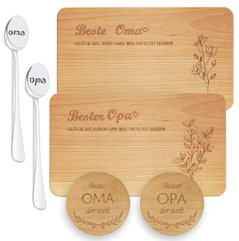 6 Stück Oma und Opa Geschenk, 2 Frühstücksbrettchen Holz, 2 Untersetzer | Gravur Buchenholz Frühstücksbrettchen mit 2 Kaffeelöffel, Geschenkidee zum Geburtstag oder zu Weihnachten