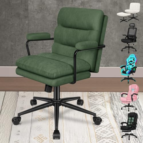 ELFORDSON Mid Back Office Chair with Armrests, Dual-layer Comfy Computer Desk Chairs, Ergonomic Executive PC Work Chair, Tilting, Adjustable Height, Swivel, Heavy-duty Gaming Chair, Chenille, Green