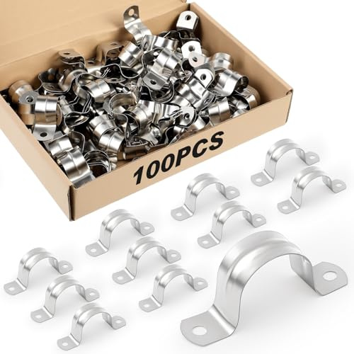 Yaocom 100 Pcs 1/2 Inch Pipe Strap 304 Stainless Steel Conduit Clamp Reinforced Rigid 2 Hole U Bracket for Pipe Fixing on Various Surfaces