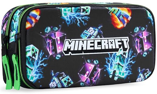 Get Trend Minecraft Estuche Niño y Niña, 2 Compartimentos, Ligero y Resistente, Gran Estuche Escolar para Lápices, Portalápices para Teens, Regalo Gamer Creeper (Negro/Multi Minecraft)