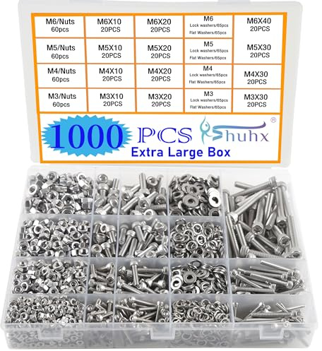 Rshuhx Ext Large Nuts and Bolts Set M3 M4 M5 M6 1000pcs Hexagon Socket Cap Screws 304 Stainless Steel Mechanical Screws Washers Nuts and Bolts Assortment Kit With Storage Box Hexagonal Wrench