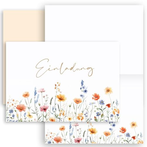 E&G Klasse 10x Einladungskarten Blumen mit Umschlägen Frau Erwachsene A6 Wildblumen Klappkarten Einladungskarte Feier Hochzeit Geburtstag Jubiläum zum Beschriften