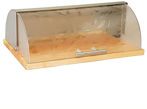 Maestro MR-1670S Portapane per la Conservazione del Pane, Coperchio Scorrevole, Apertura Frontale, Contenitore per Pane e Pasticceria Viennese, Design Elegante, Acciaio Inossidabile, Legno, Acrilico