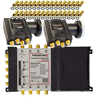 Premium X Multischalter Set 9/8 Multiswitch 2X Deluxe Quattro LNB 32x F-Stecker, Satblock Signalverteiler 2 SAT für 8 Teilnehmer