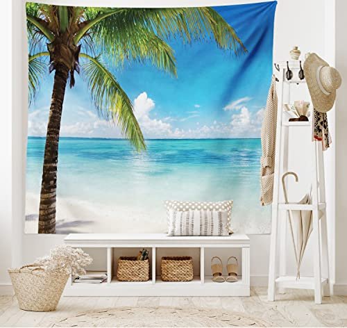 ABAKUHAUS Ozean Wandteppich und Tagesdecke, Exotische Strand-Küstenlinie aus Weiches Mikrofaser Stoff Waschbar ohne Verblassen Digitaldruck, 230 x 140 cm,Grün Weiß Blau