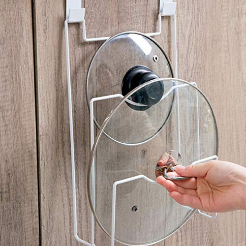 MElnN Over Door Pot & Pan Lid Holder, White Iron Hanging Shelf, Kitchen Cupboard Saucepan Board Hanging Storage Rack Organiser (12.13 x 3.23 x 8.07 inches)