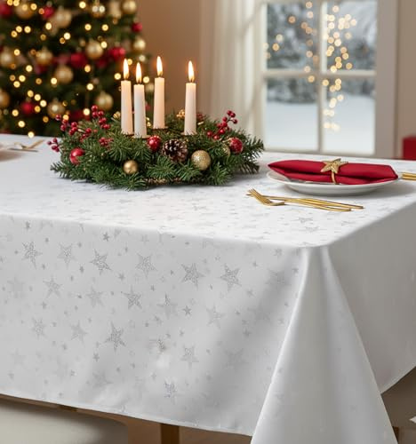 KAMACA Lotus Effekt Tischdecke Magic Stars mit Sternen Motiv - Fleckschutz Flüssigkeiten perlen einfach ab farb- & formstabil stilvoller Glanz für Advent & Weihnachten (Tischdecke 150x250 cm, Weiß)