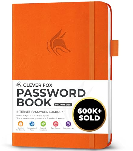 Clever Fox Passwortbuch mit Registerkarten, Mittelgroßes, Orange | Adress- und Passwort-Organisationsbuch mit alphabetischen Registerkarten - Passwortbuch für Computer- und Website-Logins