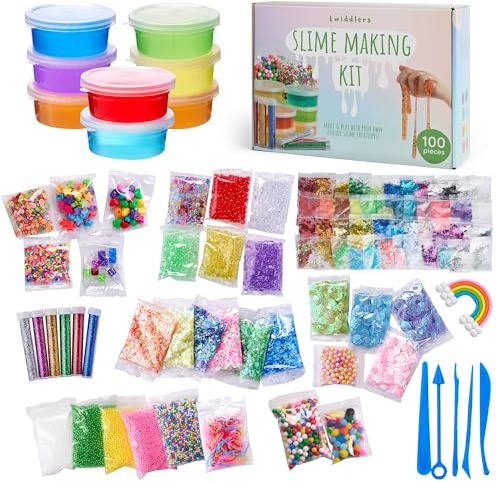 THE TWIDDLERS 100 Stück Kinder Slime Kit, Schleim Selber Machen Set - Kristallperlen, Glitzer, Schaumkugeln & Mehr - Basteln für Jungen & Mädchen