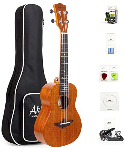AKLOT Linkshänder-Konzert-Ukulele, massives Mahagoni, 58,4 cm, für professionelle Anfänger, Erwachsene, Set mit kostenlosem Online-Unterricht und Ukulelen-Zubehör