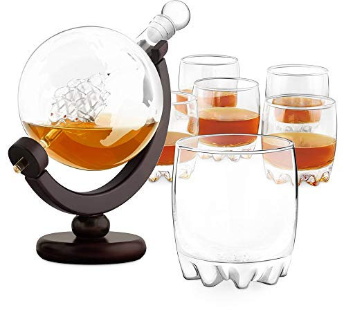 Maverton Whisky Karaffe Globus mit Schiff, 850 ml + 6er Whiskygläser Set - Whisky Dekanter - Geschenk für Damen und Herren
