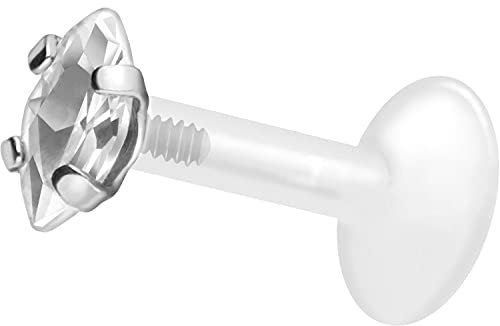 PIERCINGLINE PTFE Labret mit Gewinde Titan AUFSATZ EINGEFASSTER KRISTALLTROPFEN Silberfarben 2,5 x 5 mm Kristall 1,2 x 10 mm