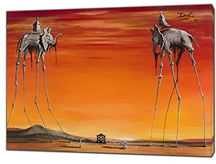 YourHomeArt Salvador Dali Kunstdruck auf gerahmter Leinwand, Motiv: Die Elefanten von Salvador Dali, Wandkunst, Heimdekoration, 60 x 40 cm, 18 mm Tiefe