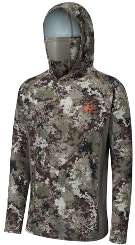 BASSDASH Men's UPF 50+ Camo Long Sleeve Hunting Hooded Shirt with Mask | Lightweight Moisture Wicking 4-Way Stretch Hoodie with Built-in Neck Gaiter & Mesh Panels, for Fishing Hiking Kayaking