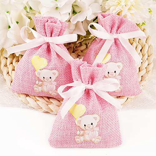 24 Pcs Jute Kordelbeutel 8 x 10cm Rosa Jute Säckchen mit Baby Bär Bügelbilder Muster Kleine Kordelzugtaschen für Babyshower Partydeko Babydusche Taufe Gastgeschenk usw.