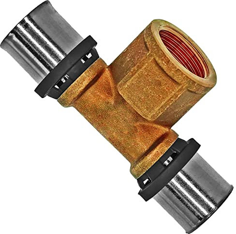 T Stück Mittelabgang mit 1/2 Rohr Zoll Innengewinde IG für 26,0 x 3,0 mm Mehrschicht Aluminium Verbundrohr Außendurchmesser x Wandstärke Press Fitting aus Messing TH U Profil Kontur