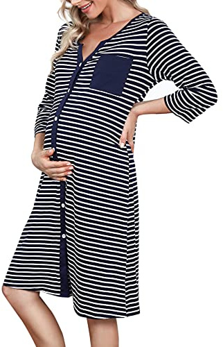 Marvmys Chemise de Nuit Allaitement Maternité 3/4 Manche Rayé Boutonnée Robe de Nuit pour Grossesse Femme Bleu Marine M
