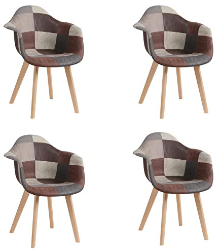 GrandCA HOME 4er-Set Esszimmerstühle mit Armlehne, Vintage-Küchenstühle, Sessel, Massivholzbeine und Patchwork-Stoffsitz, für Schlafzimmer, Wohnzimmer, Esszimmer und Küche(braun)