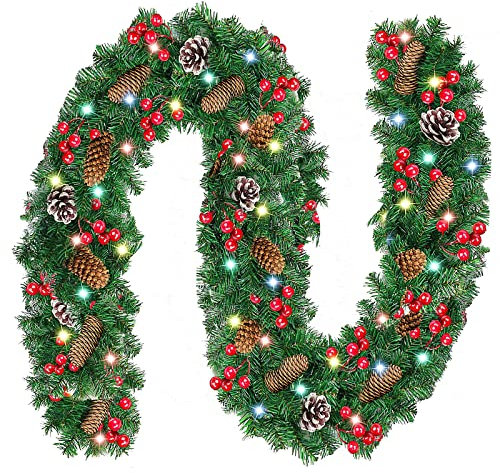 HOHAOO 8,8 Ft Vorbeleuchtete Weihnachtsgirlande mit Lichtern, Blumen und Kugeln, Weihnachtsgirlande für Weihnachtsdekorationen zu Hause, im Freien, drinnen, Kamin, Treppen, Rot, 8.8 feet, garland-01