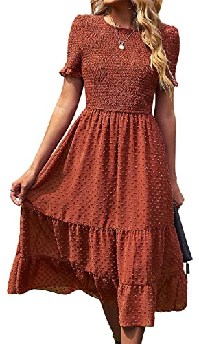 BebreezChic Damen Sommerkleid Maxikleider Kurzarm Rundhals Swiss Dot Rüschen Falten Einfarbig Casual Elegant Cocktailkleid, Orange-Rot L