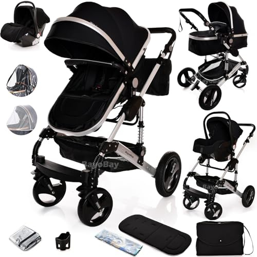 Baby Buggy Pram Pushchair Stroller 3 in 1 Child Lightweight Folding Stroller 3 in 1 Travel System Pram for Newborns & Toddlers from Birth Aluminum (Black - Silver Frame)