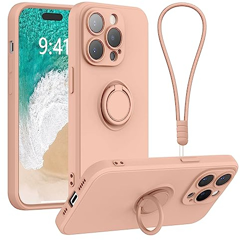 Galful Silicone Phone Case for iPhone 14 Pro with Wrist Strap Lanyard,Finger Ring Holder Magnet Car Holder Ultra Slim TPU Shockproof Protective Phone Case Cover for iPhone 14 Pro,Sand Pink