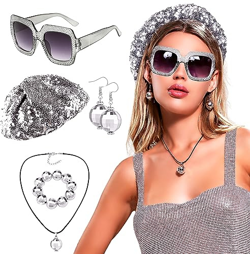 LaVenty Disco Outfit Damen Discokugel Ohrringe Pailletten Hut Disco Accessoires Damen