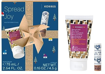 KORRES Set de regalo para el cuidado de manos y labios para hombre y mujer, cuidado intensivo con aceite de almendras y manteca de karité para labios secos y manos: crema de manos 75 ml + bálsamo