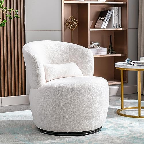 Relaxfåtölj, accentstol, snurrstol med ländryggskudde och vridbar metallfot, loungefåtölj, stoppstol för sovrum, vardagsrum, toalettbord, vitt teddyplyschtyg, lastkapacitet upp till 100 kg