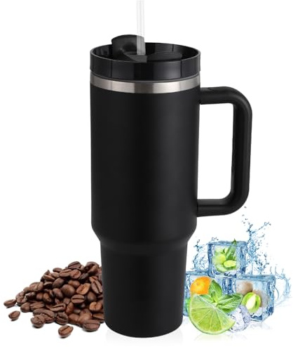 PRAOAHEI 40oz Thermobecher mit Strohhalm und Henkel,1180 ML Doppelwandiger Edelstahl Heiße Kalte Getränke Vakuum Trinkbecher,Kaffeebecher für Zuhause Reisen Schwarz