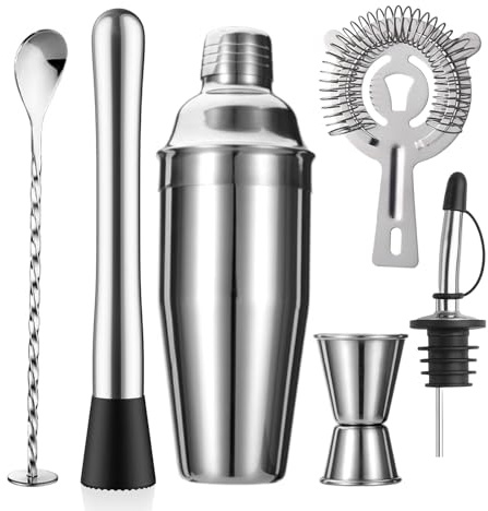 ZPUFAW 6-Piece Cocktail Shaker Set 24oz Shaker Strainer Muddler Jigger Mixing Spoon Pour Spout Bartender Kit Stainless Steel Bar Set Housewarming Gift