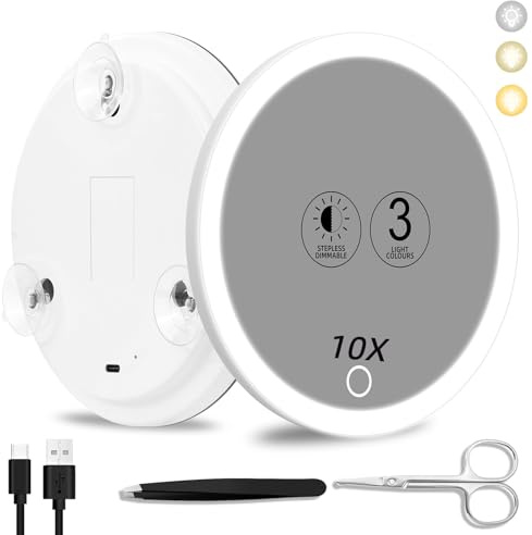 Magnifying Mirror With Light 10x, 3 Color Modes Dimming Rechargeable Large 6'' Lighted Magnified With Suction Cups Travel Makeup 10x Magnification With Tweezers & Scissors
