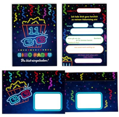 Minkocards 12 Einladungskarten incl. 12 Umschläge zum 11. Kindergeburtstag Kino Mädchen Jungen Einladungen elfte Geburtstag Kinder Einladungsset