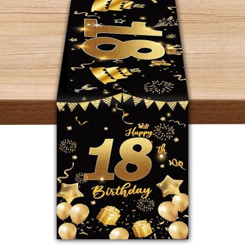 TaimeiMao Schwarz Gold Geburtstag Tischläufer,35x180cm | Happy 18th Birthday Tischband,Alles Gute zum Geburtstag 18.Tischläufer,Tisch Deko für MädchenJungen GeburtstagPartyDekoration
